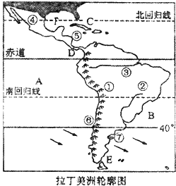 读拉丁美洲轮廓图,回答下列问题.(1)写出图中